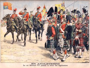 Le roi Édouard VII passant en revue les troupes des Highlands. En Angleterre. Le roi Édouard VII (1841-1910) passant en revue les Highlanders. Illustration pour Le Petit Journal, 8 octobre 1905 - French School