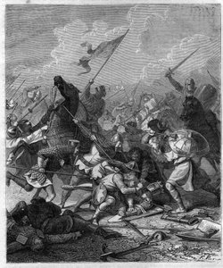 Roi Othon Ier de Germanie, dit le Grand (912-973) surpris par les rebelles à Rome. Gravure dans « Histoire des papes-rois-reines et empereurs à travers les siècles » par Maurice Lachatre - French School