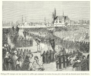 Le roi Philippe III de France portant les os de son père, Louis IX, à son enterrement dans la basilique de Saint-Denis, Paris - French School