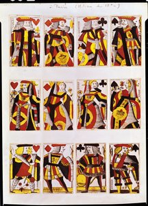 Roi, Reine et Valet jouant aux cartes (gravure sur bois en couleur) - French School