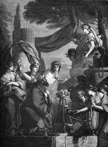 Le roi Salomon (10ème siècle av. J.-C.) entouré de ses concubines. Gravure dans « L