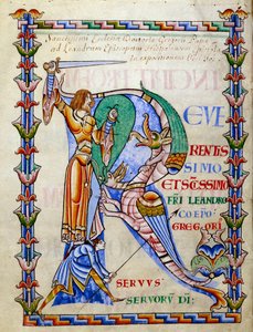 Chevalier combattant le dragon - lettrine R (initiale), Miniature du manuscrit « Moralia in Job », Morales sur Job par Saint Grégoire, de l