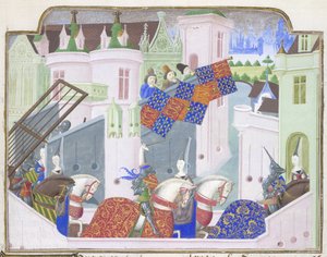 Chevaliers et dames se rendant à un tournoi à Londres, de la Chronique de Froissart, fin du 15ème siècle - French School