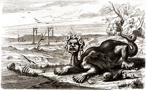 La Fronde (1648-1653) : animal monstrueux aux poils de serpent qui se tient au-dessus des cadavres et des squelettes humains. - French School