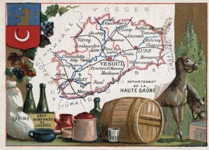 La Haute-Saône (70), Franche-Comté, France. Farine, eaux minérales de Luxeuil, kirsch. Série sur les départements français. Chromolithographie « le fil géographique », vers 1920. Collection privée. - French School