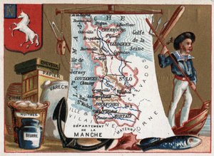 La Manche, Basse-Normandie, France. Spécialité locale : pêche et huîtres, cidre et papier. Série sur les départements français. Chromolithographie, vers 1920. Collection privée. - French School