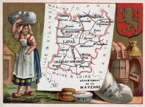La Mayenne (53), Pays de la Loire, France. Paysan, beurre, miel, graines de trèfle, cidre et eau-de-vie. Série sur les départements français. Chromolithographie « le fil géographique », vers 1920. Collection privée. - French School