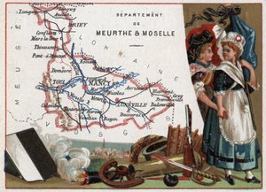 La Meurthe-et-Moselle (54), Lorraine, France. Portrait de deux femmes révolutionnaires. Série sur les départements français. Chromolithographie « le fil géographique », vers 1920. Collection privée. - French School
