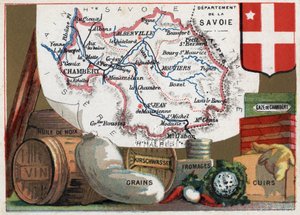 La Savoie (73), Rhône-Alpes, France. Série sur les départements français. Spécialité locale : huile de noix, vin, grains, kirsch, fromage, gaze de Chambéry et cuir. Chromolithographie « le fil géographique », vers 1920. Collection privée - French School