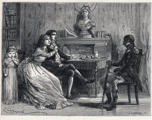La Terreur pendant la Révolution française : Camille Desmoulins (1760-1794), emprisonné, reçoit la visite de sa femme Lucile (1770-1794) et du maréchal Guillaume Brune (1763-1815) - French School
