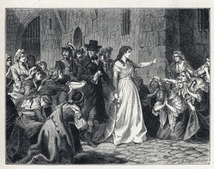 La Terreur pendant la Révolution française : Madame Jeanne Marie Roland de la Platière (1754-1793) quittant la prison de la Conciergerie pour se rendre devant le Tribunal révolutionnaire en 1793. Ses codétenues s