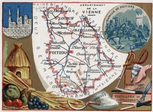 La Vienne (86), Poitou-Charentes, France. Graines, coutellerie et bonneterie de Châtellerault. Série sur les départements français. Chromolithographie « le fil géographique », vers 1920. Collection privée. - French School