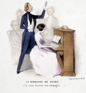 La romance de salon: homme chantant accompagné au piano par une femme, par Lonsay, vers 1845. - French School