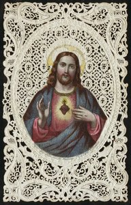 Carte en dentelle représentant le Sacré-Cœur de Jésus, 19ème siècle - French School