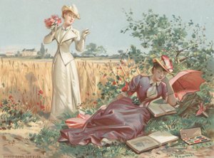 Dames dans un champ de maïs (chromolitho)