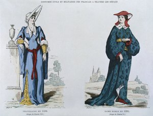 Dame en 1498 sous le règne de Charles VIII (1470-98), noble dame en 1395 sous le règne de Charles VI (1380-1422), de Costumes civils et militaires des français à travers les siècles (lithographie en couleur) - French School