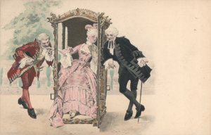 Dame en chaise à porteurs, avec des admirateurs masculins (chromolitho)