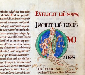 Jugement dernier christ accueillant la lettre de Job « Q » (lettrine). Miniature du manuscrit « Moralia in Job », de l