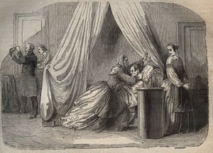 Derniers moments de Charles Lafarge (1811-1840), mari de Marie Fortunée Capelle, Marie Lafarge (Madame) (1816-1852) criminelle française - Gravure dans « Causes célèbres de tous les peuples » par Armand Fouquier (1817-18?) 1858-1867 - collection privée - French School
