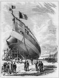 Lancement du navire cuirassé « La Galissonnière », 7 mai 1872 dans le port de Brest, Finistère (29). Gravure dans « Le Monde Illustré » n°789 du 25 mai 1872
