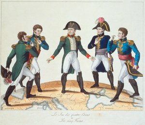 Le Jeu des Quatre Coins ou Les Cinq Frères, caricature bonapartiste représentant Napoléon et ses frères, 1808 - French School