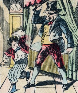 Le Père Fouettard, personnage légendaire du folklore, punissant les enfants désobéissants avec son fouet, et enfermant les enfants désobéissants, image d