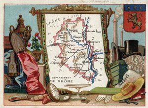 Le Rhône (69), Rhône-Alpes, France. Spécialité locale : soie, marron, dentelle. Série sur les départements français. Chromolithographie « le fil géographique », vers 1920. Collection privée. - French School