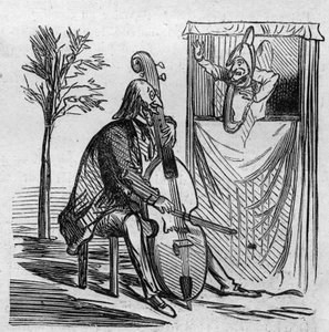 Le maestro Offenbach accaparant avec sa musique tous les théâtres de Paris. Le compositeur allemand naturalisé français Jacques Offenbach (1819-1880) jouant du violoncelle. Caricature de Cham. Gravure dans "Le Monde Illustré" n°499 du 3 novembre 1866. - French School