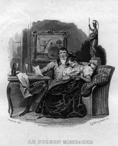 Le pigeon messager Chanson de Béranger dans « Oeuvres complètes » (1834) par Pierre Jean de Béranger (1780-1857), poète et chansonnier français. - French School