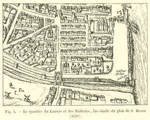 Le quartier du Louvre et des Tuileries, fac-similé du plan de J. Braun, 1530 - French School