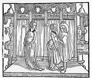 Le théâtre au Moyen Âge: trois personnages sur scène - gravure par Térence de Jean Trechsel, éd. à Lyon - French School