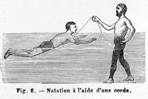Apprendre à nager avec une corde, gravure