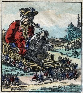 Lemuel Gulliver, prisonnier, est transporté sur une charrette tirée par les Lilliputiens. Illustration pour "Les Voyages de Gulliver" de Jonathan Swift (1667-1745). Imagerie d