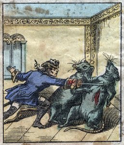 Lemuel Gulliver combat des rats au pays des géants de Brobdingnag. Illustration pour "Les Voyages de Gulliver" de Jonathan Swift (1667-1745). Imagerie d