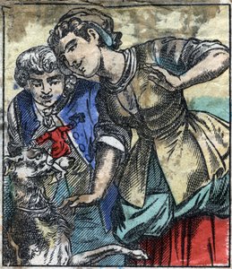 Lemuel Gulliver au pays des géants de Brobdingnag. Illustration pour "Les Voyages de Gulliver" de Jonathan Swift (1667-1745). Imagerie d