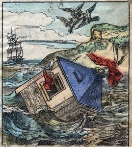 Lemuel Gulliver dans sa maison au pays des géants de Brobdingnag. Illustration pour « Les Voyages de Gulliver » de Jonathan Swift (1667-1745). Imagerie d