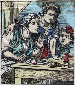 Lemuel Gulliver sur la table de la famille Glumdalclitch, au pays des géants de Brobdingnag. Illustration pour "Les Voyages de Gulliver" de Jonathan Swift (1667-1745). Imagerie d