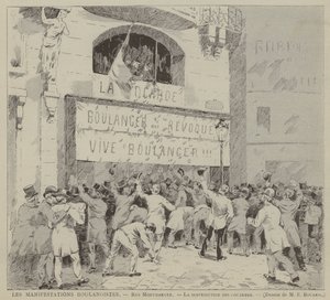 Les Manifestations Boulangistes, Rue Montmartre, La distribution des cocardes (engraving) - French School