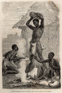 Les forgerons mannganyas, dans un village le long du fleuve Loualaba (actuel fleuve Congo), gravure d