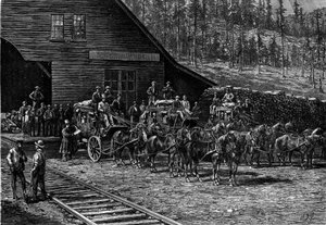 Les diligences du Far West. Gravure dans «Le Journal de la jeunesse» - French School