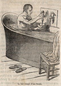 Les gestes du bain - Hygiène au 19ème siècle - homme dans une baignoire - gravure dans « La Santé Universelle - Guide Médical des Familles » 1852 - French School