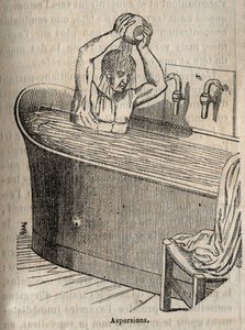 Les gestes du bain - Hygiène au 19ème siècle - homme dans une baignoire - gravure dans "La Santé Universelle - Guide Médical des Familles" 1852 - French School