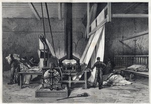 Les grandes usines - Teinture érie Boutarel à Clichy la Garenne - Le maillage des étoffes - gravure de 1869 - French School