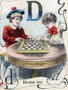 Lettre D : Jeu de dames. Gravure dans "ABC des jouets pour petits garçons". Imagerie de Pont-à-Mousson, Louis Vagne, imprimeur-éditeur, fin XIXe siècle. - French School