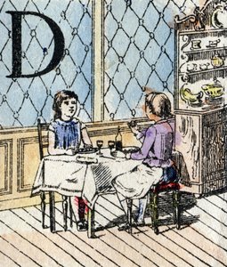 Lettre D, fille jouant à la dînette. ABC des petites filles. Imagerie d