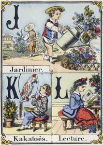 Lettres J, K et L : jardinier, cacatoès et lecture. Alphabet récréatif. Imagerie d