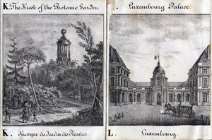 Lettre K Kiosque du Jardin des Plantes et L Palais du Luxembourg - "Alphabet Pittoresque des Monuments de Paris" vers 1840 (gravure)