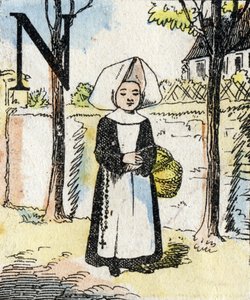 Lettre M fille comme nonne. ABC des petites filles. Imagerie d