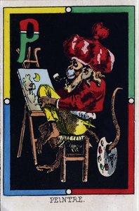 Lettre P comme peintre. Alphabet des singes. Gravure sur bois. Imagerie d