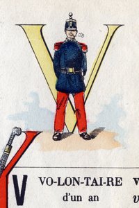 Lettre V comme volontaire. Alphabet militaire. Imagerie d